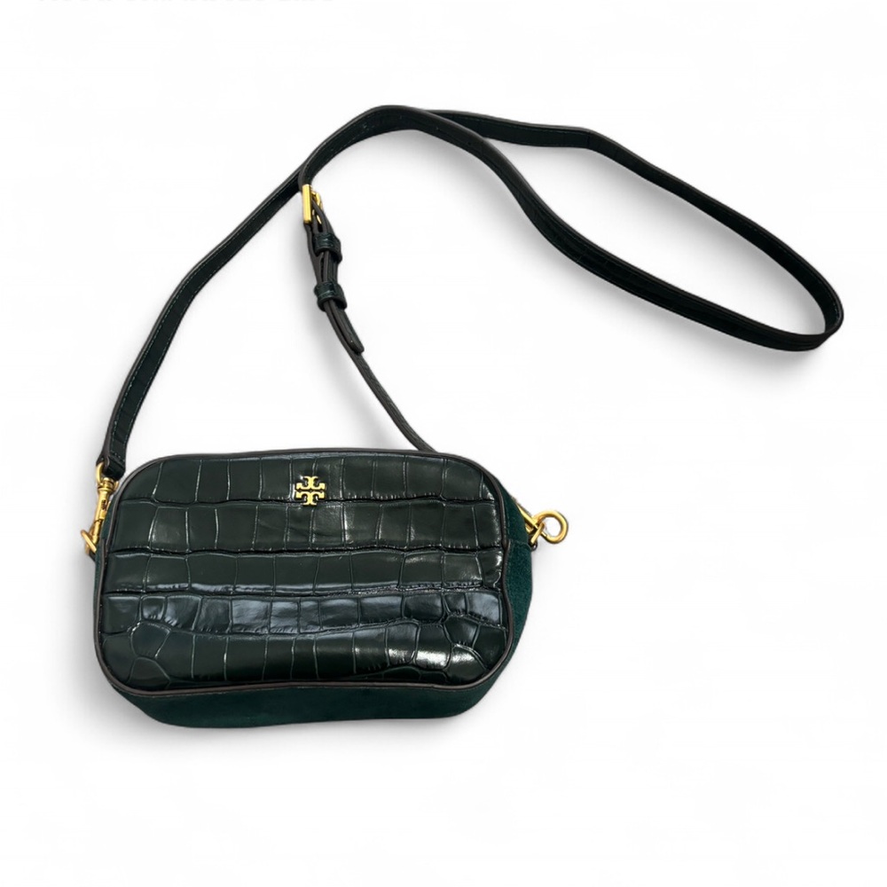 Tory Burch Blake Embossed Mini Camera Crossbody Bag Deep Kelp Gold Embellishment
